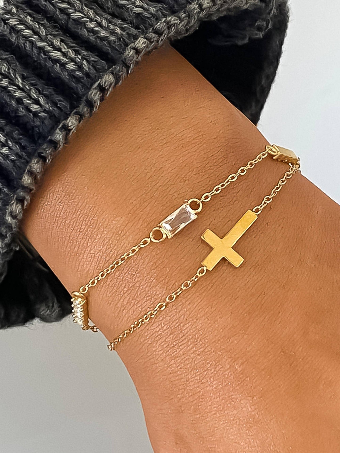 Esther 18K Gold Non-Tarnish Layered Cross CZ Bracelet: Yellow Gold