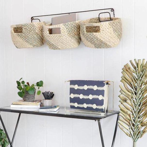 Metal Wall Hanging Rack w/ 3 Seagrass Baskets