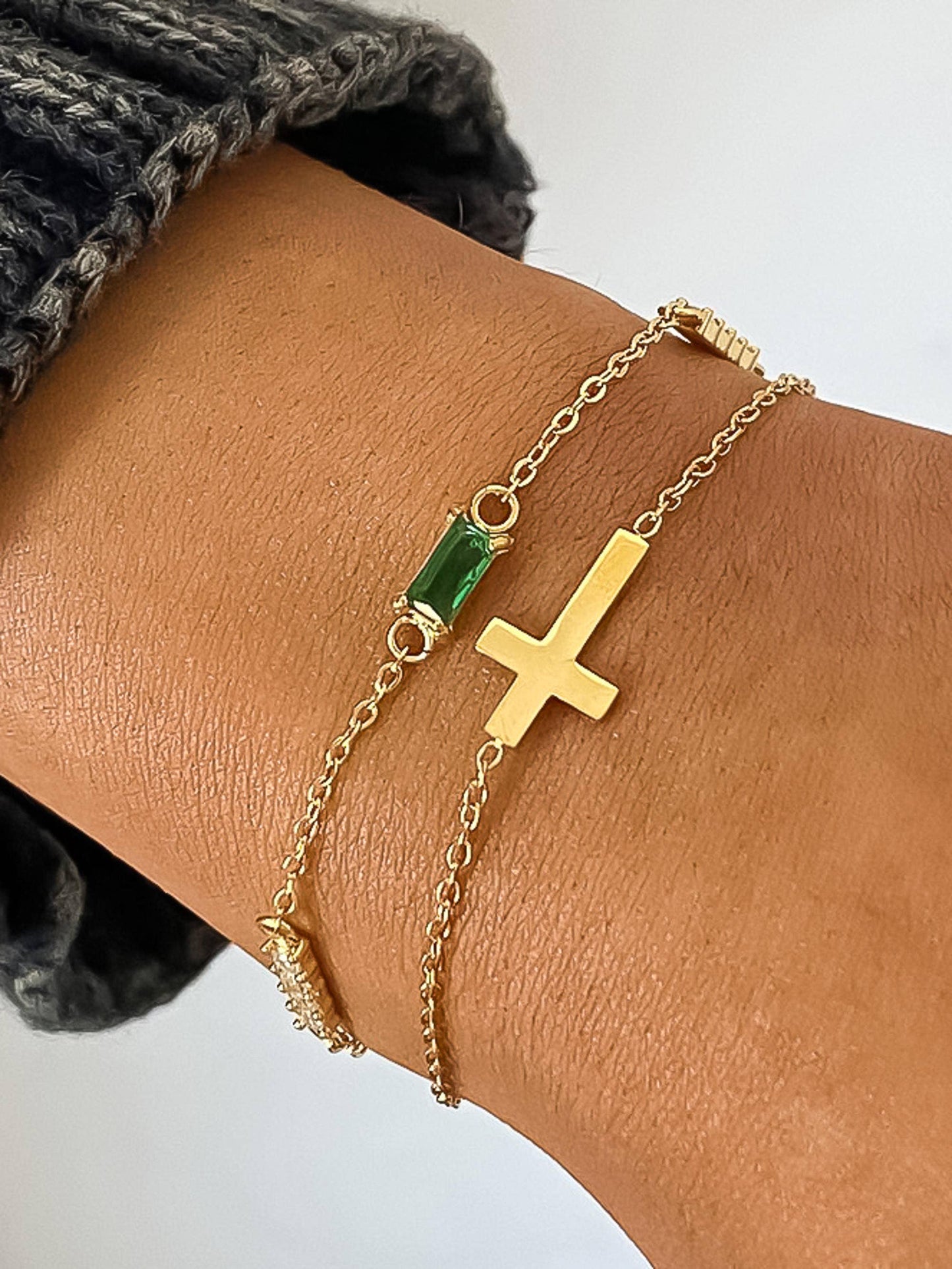 Esther 18K Gold Non-Tarnish Layered Cross CZ Bracelet: Yellow Gold