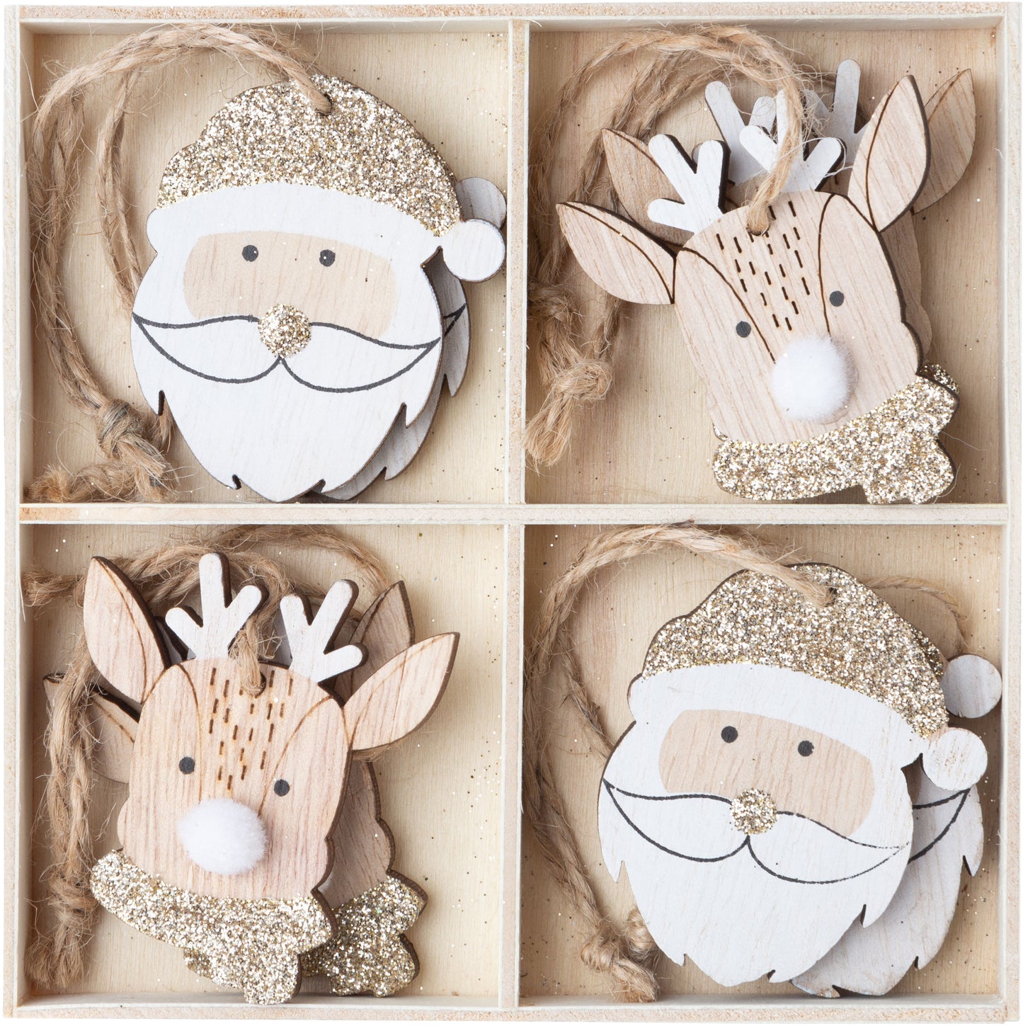 Wood Santa & Deer Ornaments Set