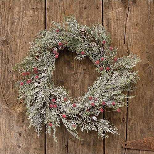 Frosted Cypress & Red Berry Wreath 22in