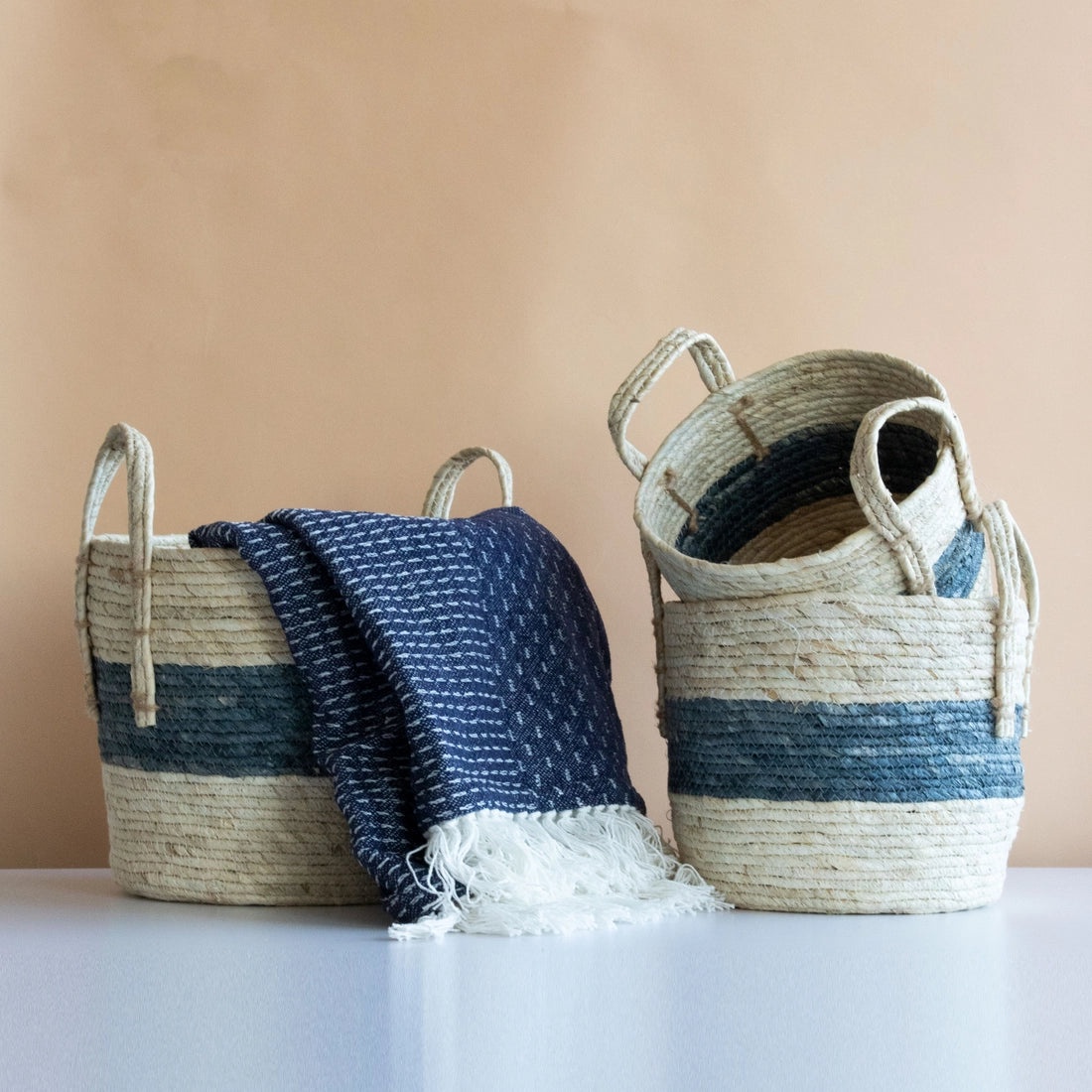 Blue Striped Plant Fiber Basket - 3 Sizes