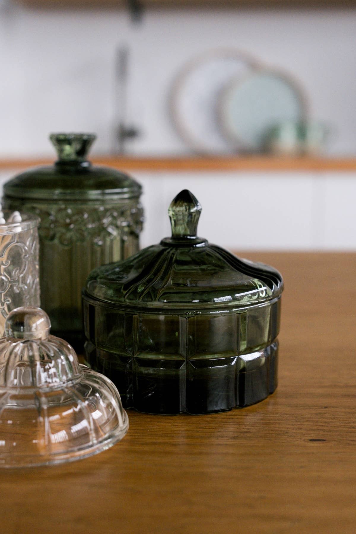 Cottage Bloom Short Green Vintage Glass Vessel