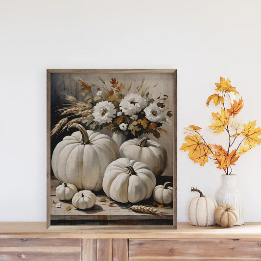 White Pumpkins Table Framed Art
