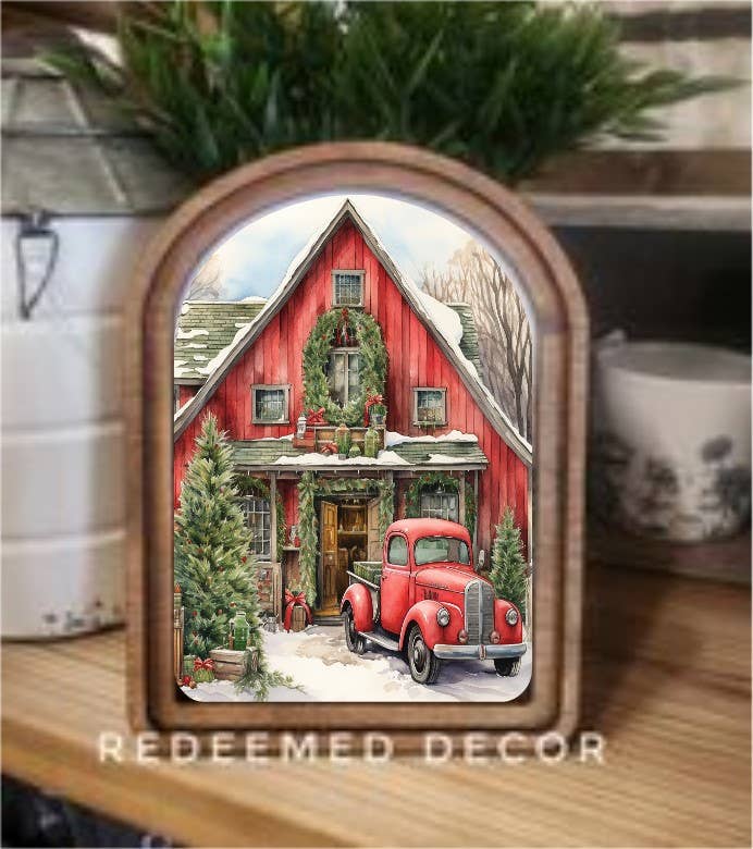 Arch Top Red Christmas Barn Framed Art : 6x8"