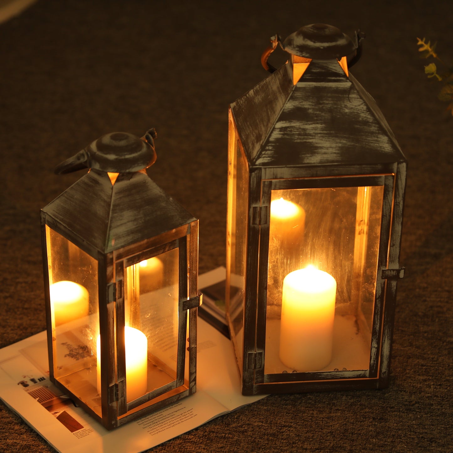 Antique Grey Brush Decorative Lanterns -Set of 2  (ONLINE EXCLUSIVE)