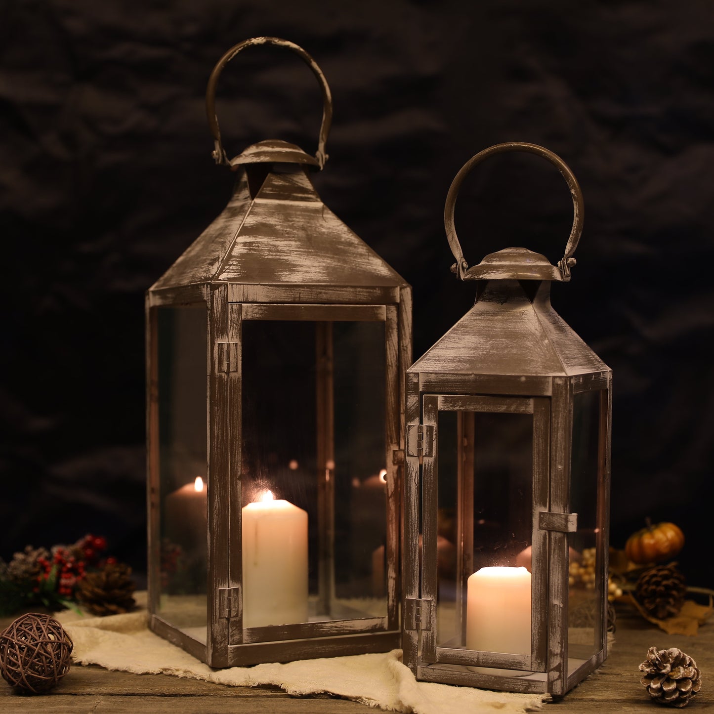 Antique Grey Brush Decorative Lanterns -Set of 2  (ONLINE EXCLUSIVE)