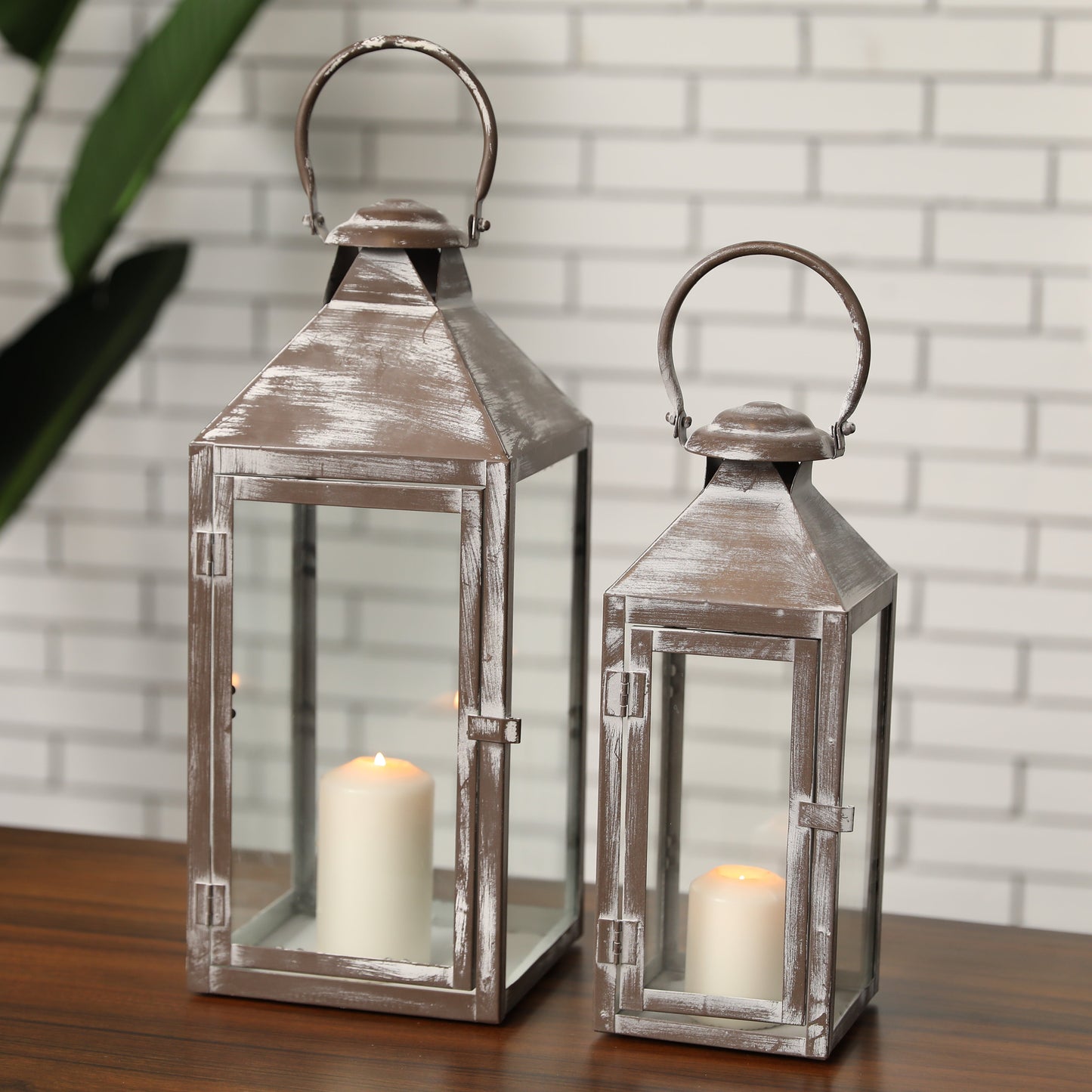 Antique Grey Brush Decorative Lanterns -Set of 2  (ONLINE EXCLUSIVE)
