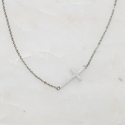 Side Cross Necklace: Silver