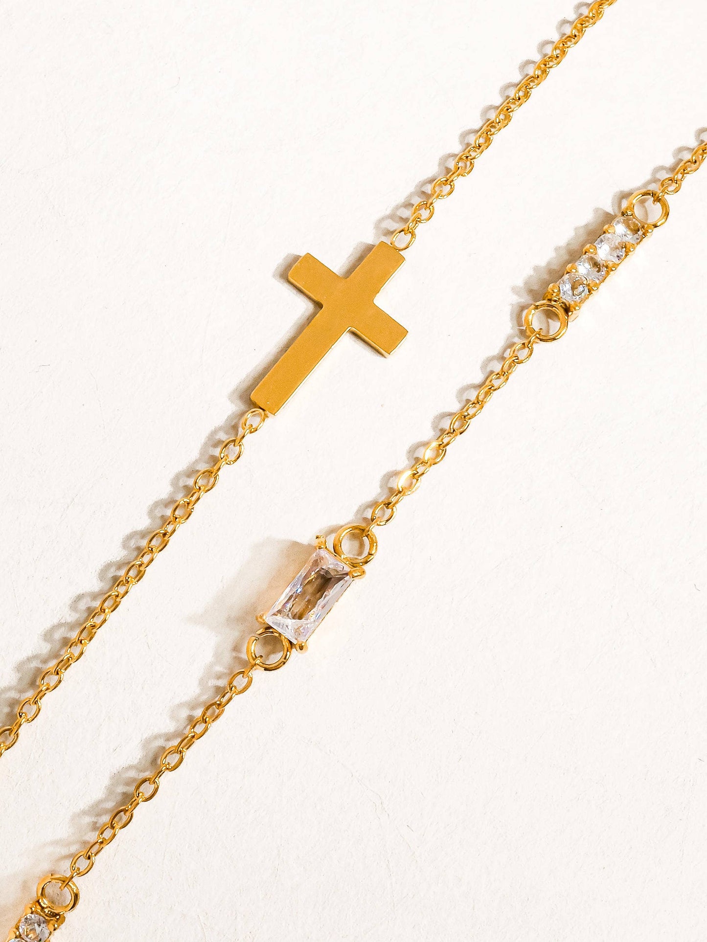 Esther 18K Gold Non-Tarnish Layered Cross CZ Bracelet: Yellow Gold