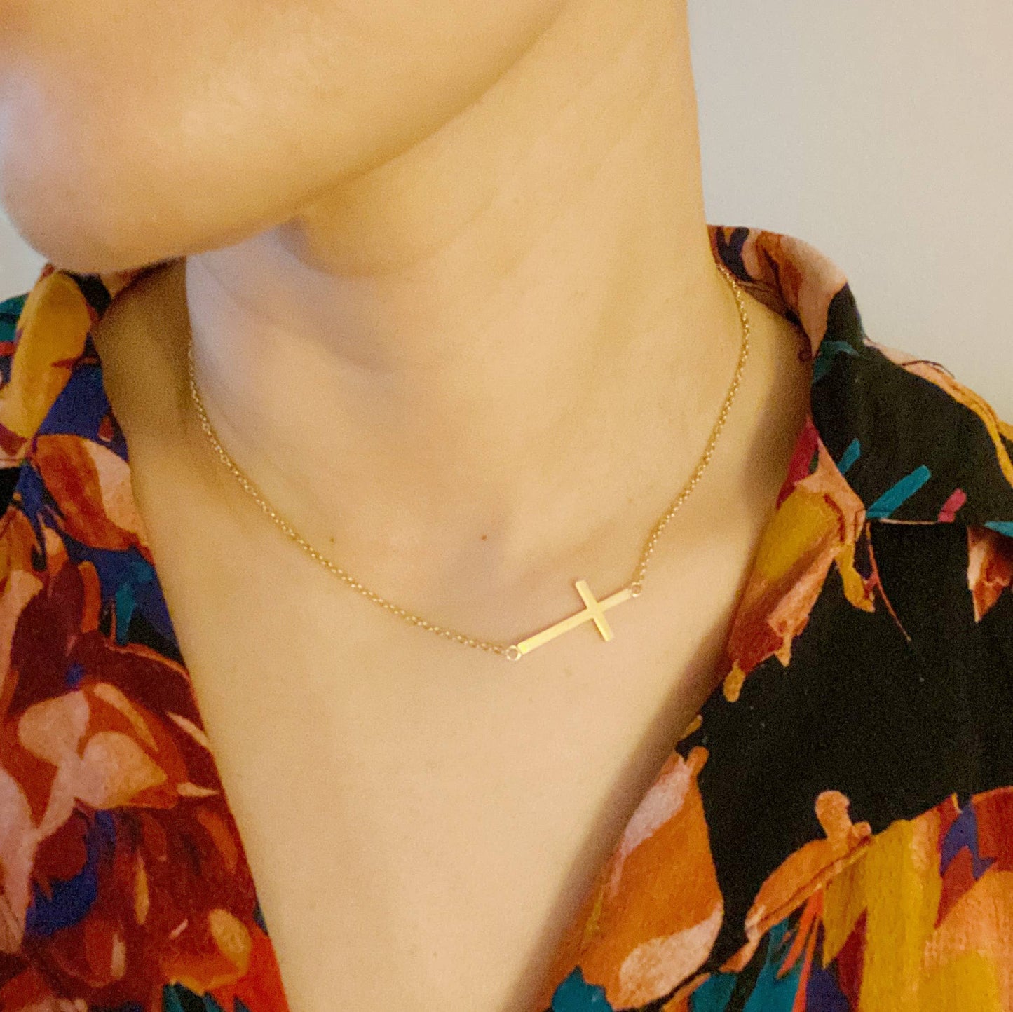 Side Cross Necklace: Silver