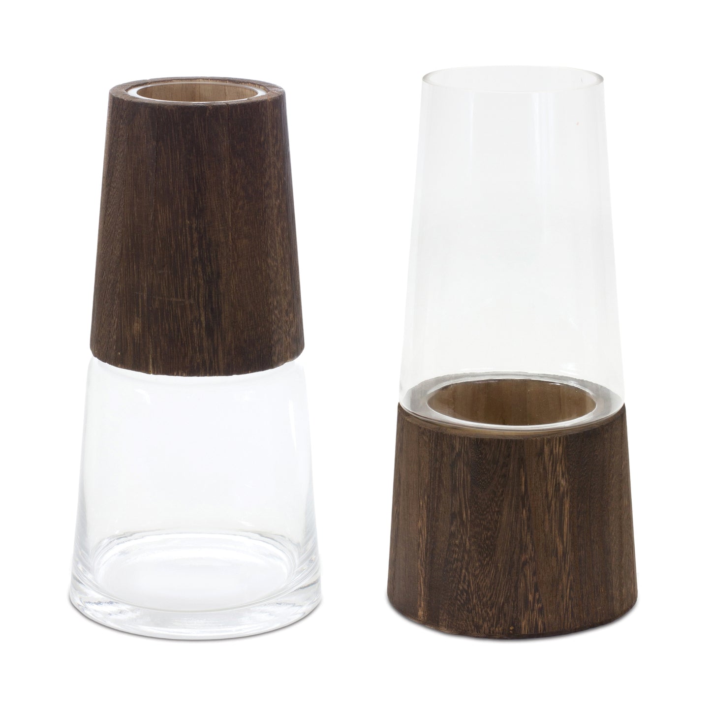 Set of 2 Glass Wood Vases