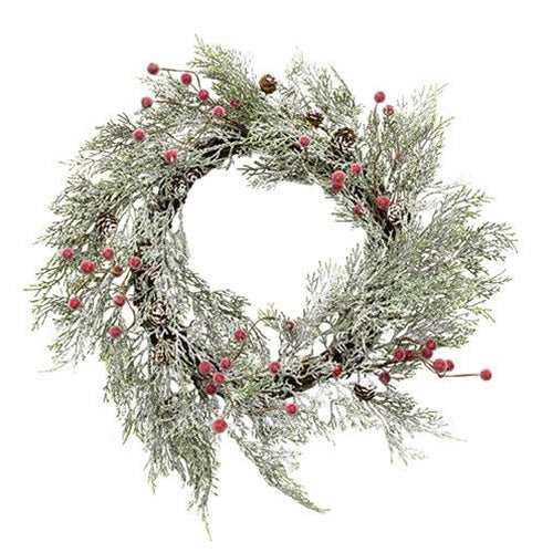 Frosted Cypress & Red Berry Wreath 22in