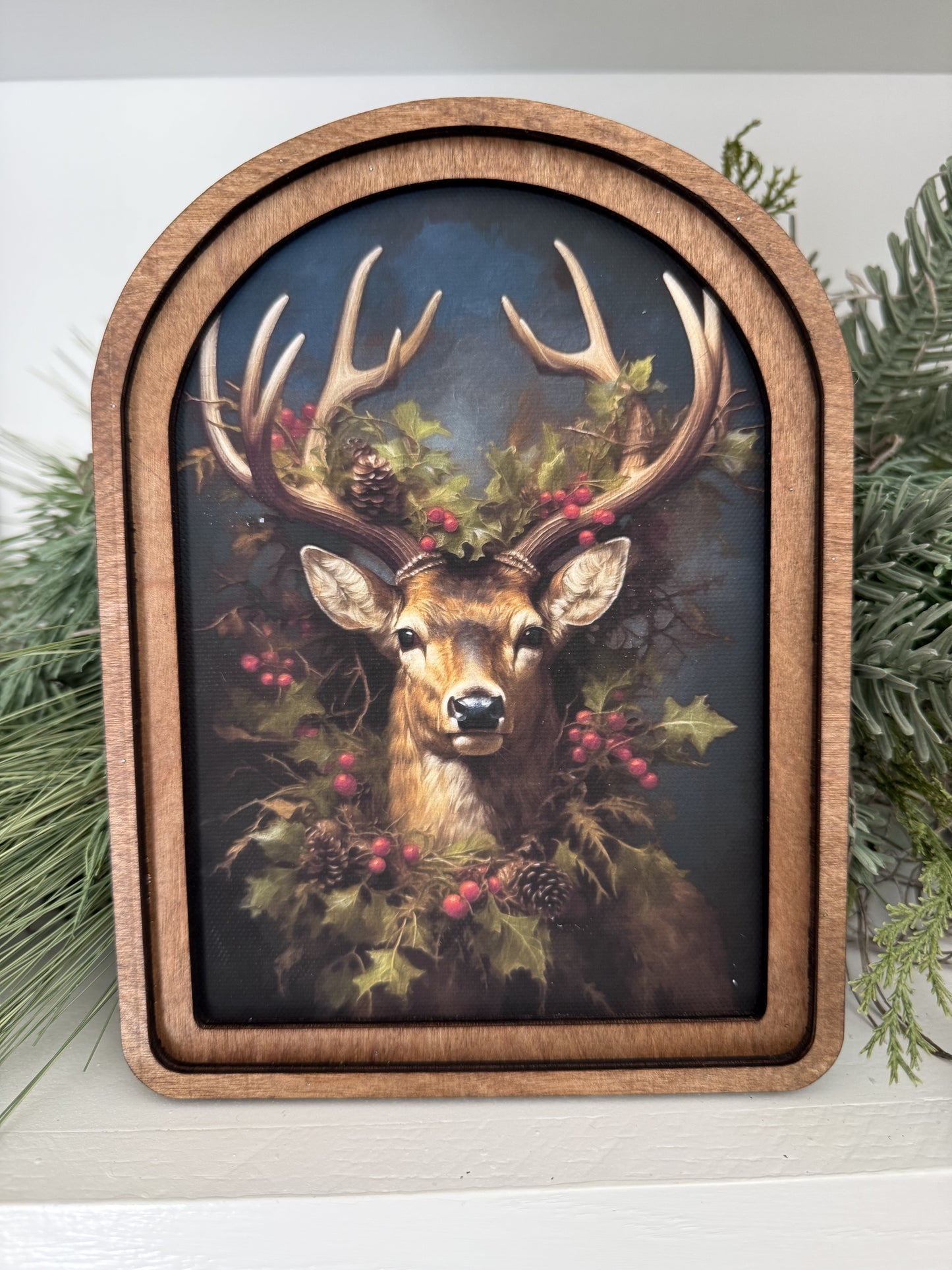 Arch Top Reindeer Wreath Framed Art