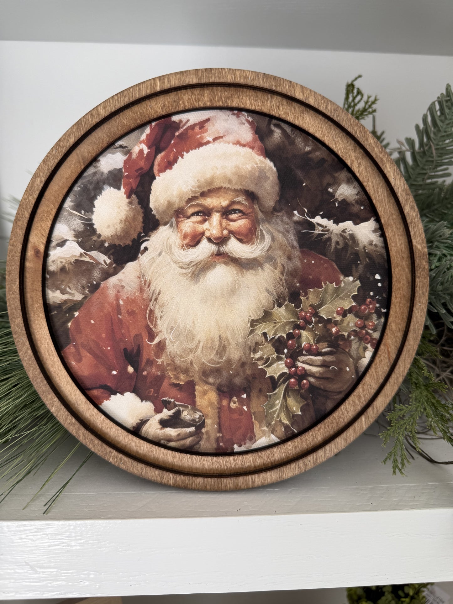 8" Round Santa With Holly Art